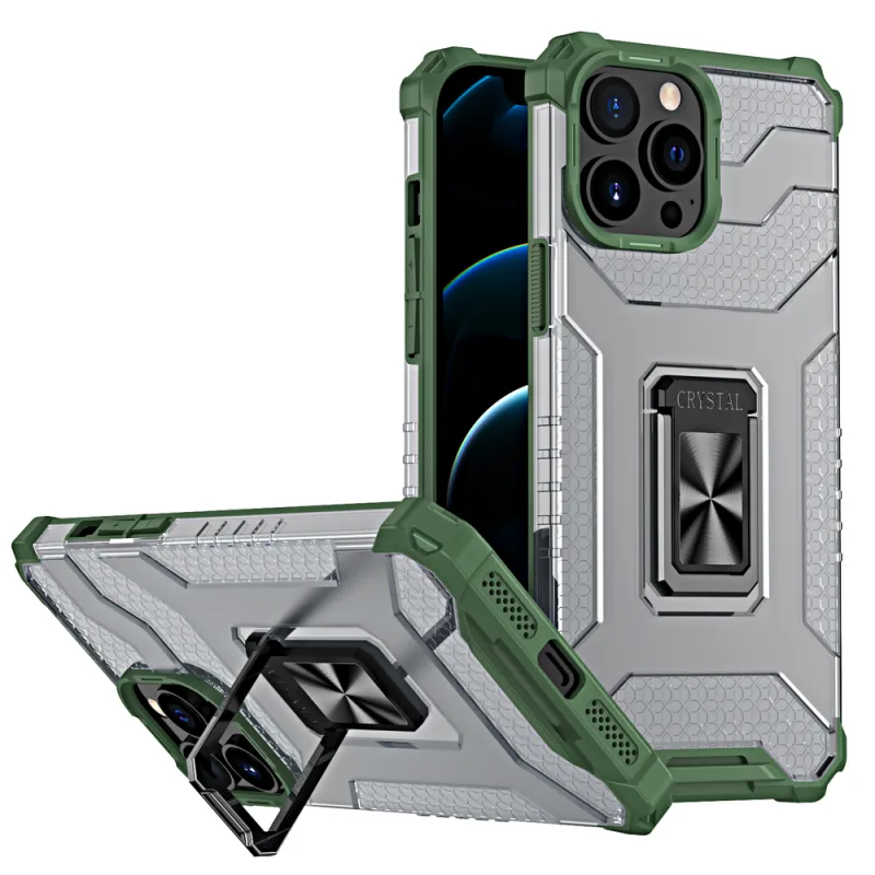 Crystal Ring Case Kickstand Tough Rugged Cover pre iPhone 13 Pro zelený
