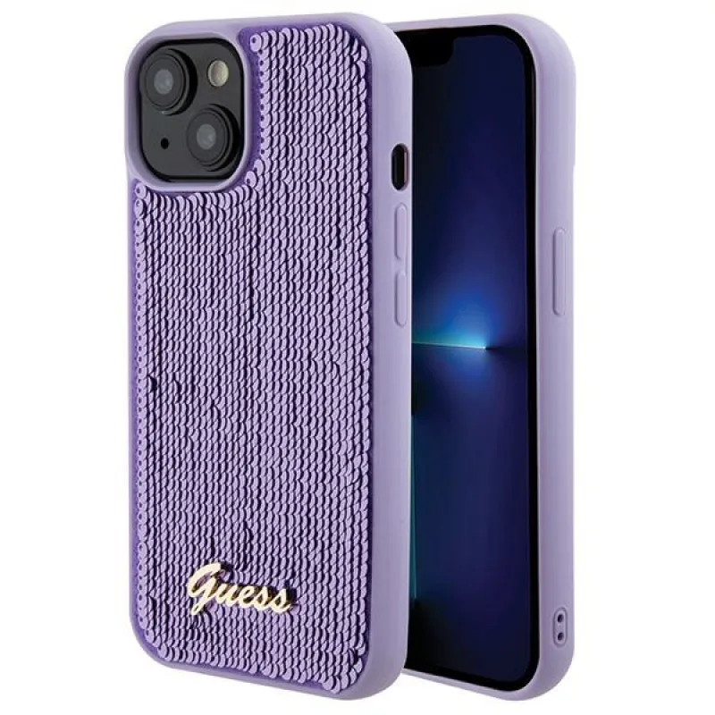 Guess Sequin Script Kovové puzdro pre iPhone 15 - fialové