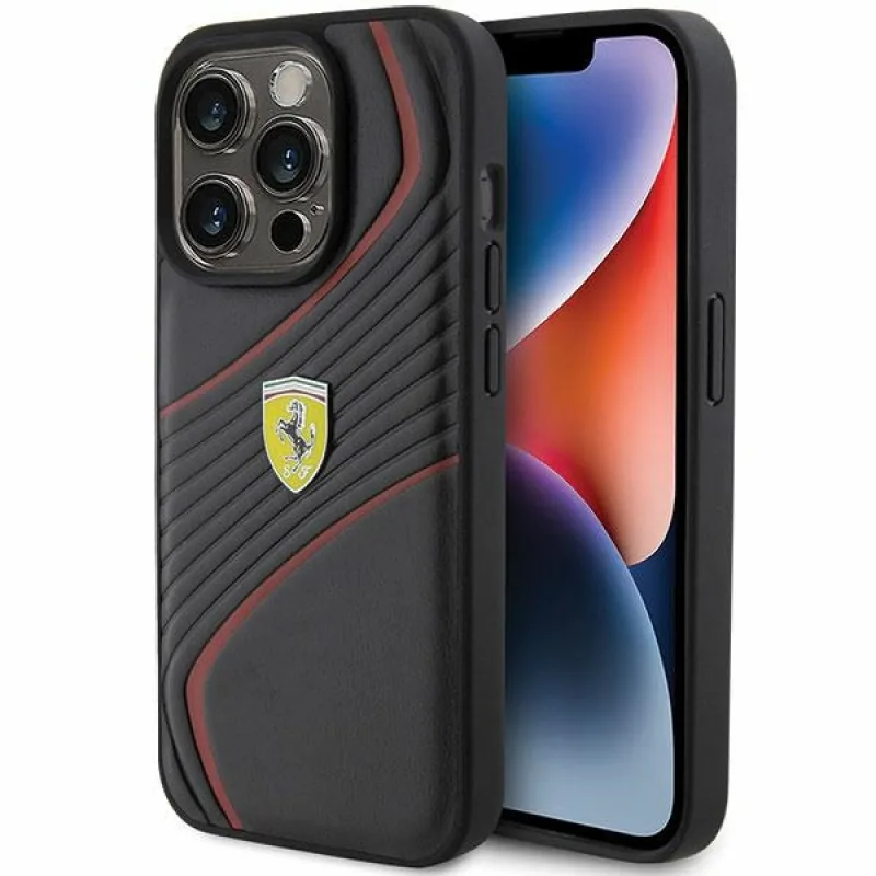 Kryt Ferrari Twist Metal Logo pre iPhone 15 Pro - čierny