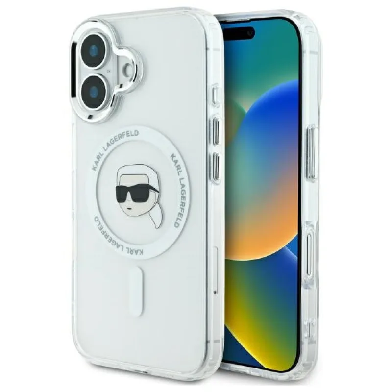 Karl Lagerfeld IML kovové puzdro Karl Head MagSafe pre iPhone 16 Plus – biele