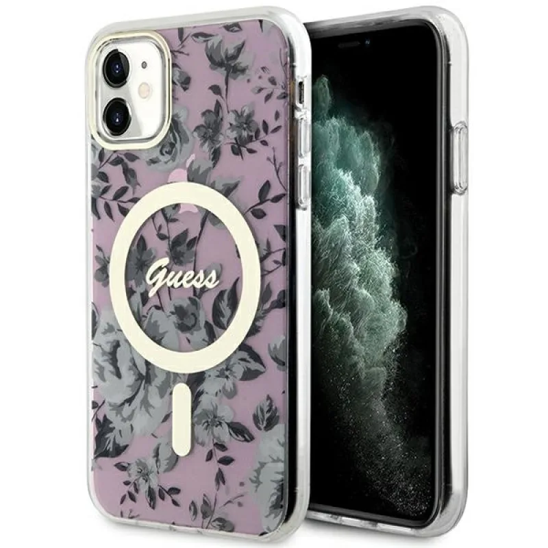Guess GUHMN61HCFWSP iPhone 11 / Xr 6,1" ružovo-ružové pevné puzdro Flower MagSafe