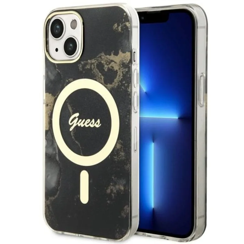 Guess GUHMP14MHTMRSK iPhone 14 Plus 6,7" čierno-čierne pevné puzdro Golden Marble MagSafe