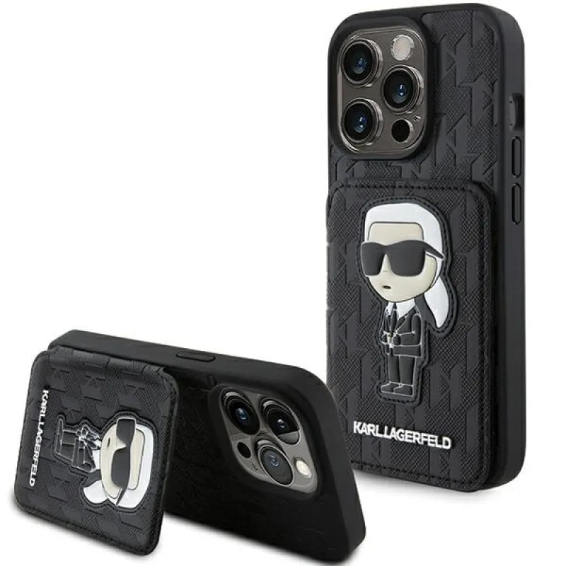 Karl Lagerfeld Saffiano sloty na karty a stojan Monogram Ikonik Patch puzdro pre iPhone 15 Pro Max - čierne