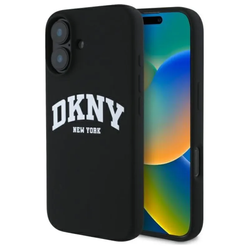 DKNY silikónové biele vytlačené logo MagSafe iPhone 16 – čierne