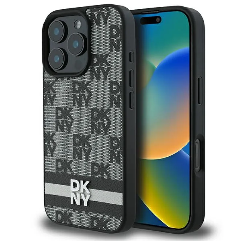 Puzdro DKNY s kockovaným vzorom a potlačenými pruhmi pre iPhone 16 Pro – čierne