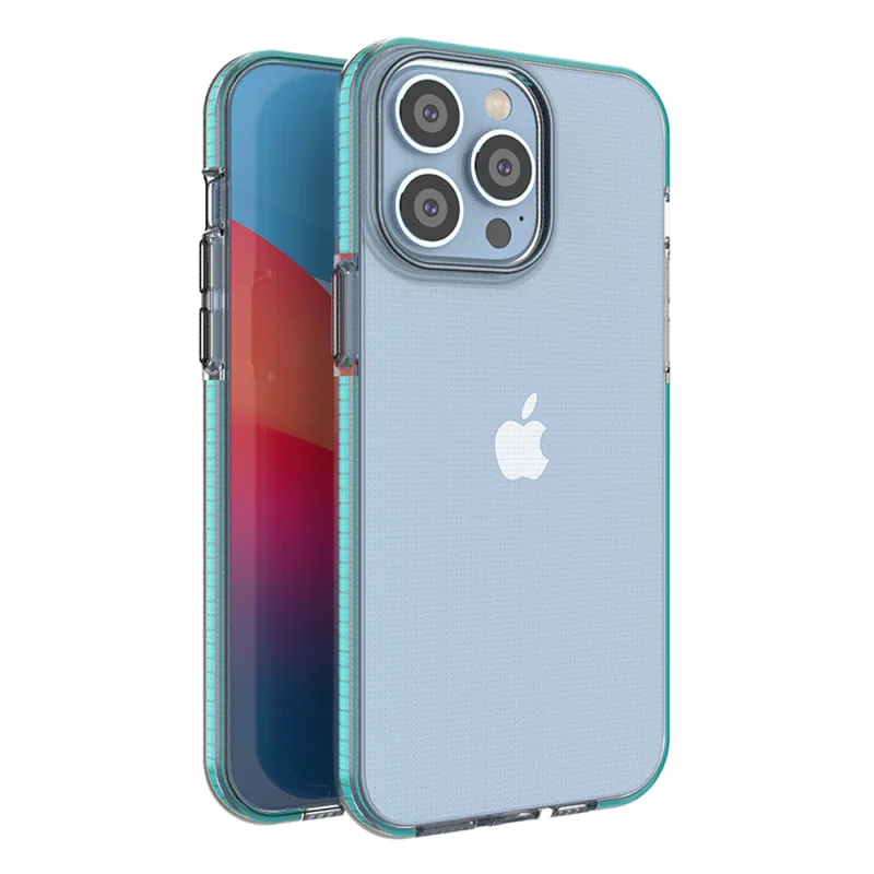 Pružinové puzdro na iPhone 14 Pro Max silikónový kryt s rámom svetlomodrý