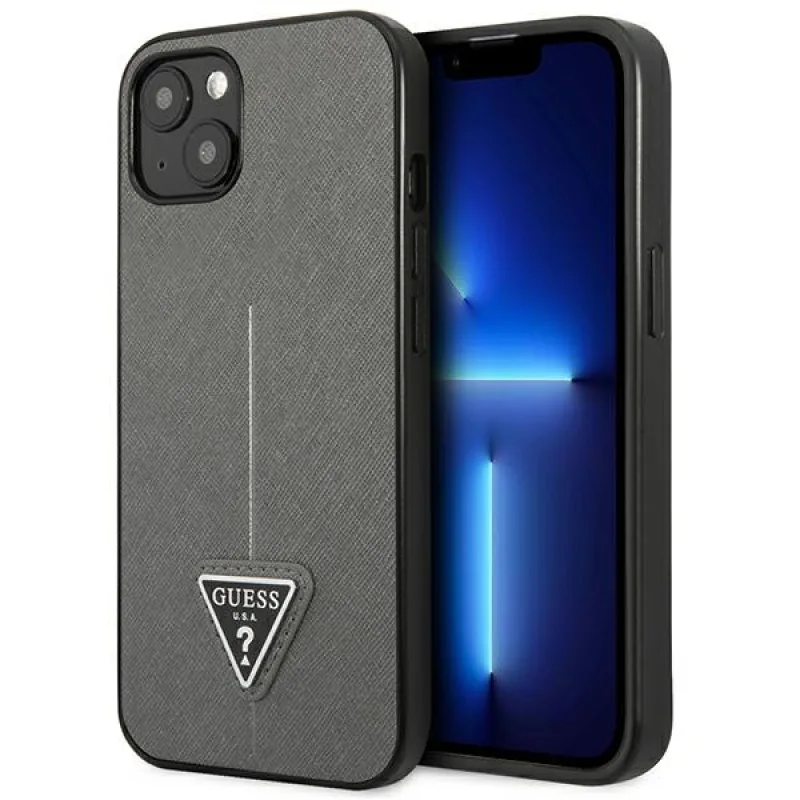 Guess GUHCP13SPSATLG iPhone 13 mini 5,4 "strieborné/strieborné pevné puzdro SaffianoTriangle Logo