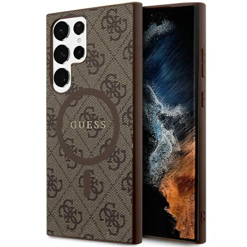 Guess 4G Collection kožené kovové logo MagSafe puzdro pre Samsung Galaxy S24 Ultra - hnedé