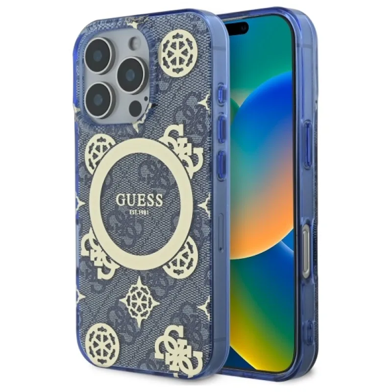 Puzdro Guess IML Peony na 4G pozadí MagSafe pre iPhone 16 Pro – modré