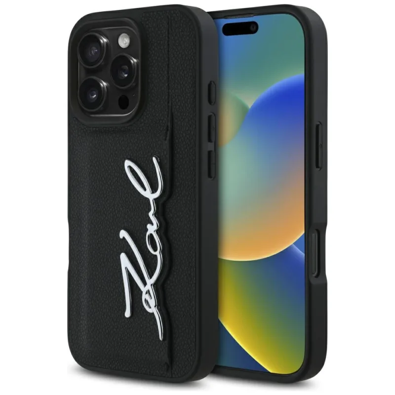 Karl Lagerfeld HC Grained PU Cardslot kovový podpisový kryt iPhone 16 Pro – čierny