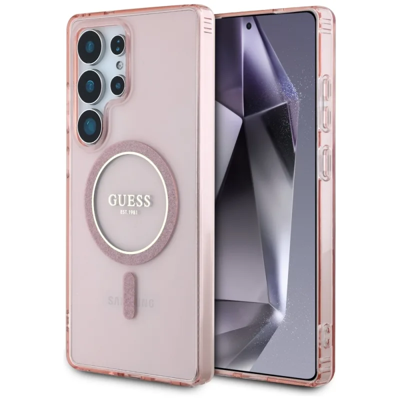 Puzdro Guess Glitter Circle Classic Logo MagSafe pre Samsung Galaxy S25 Ultra Pink