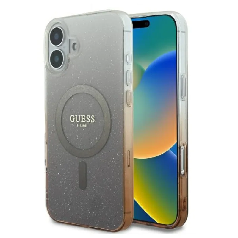 Puzdro Guess IML Glitter Gradient MagSafe na iPhone 16 – hnedé