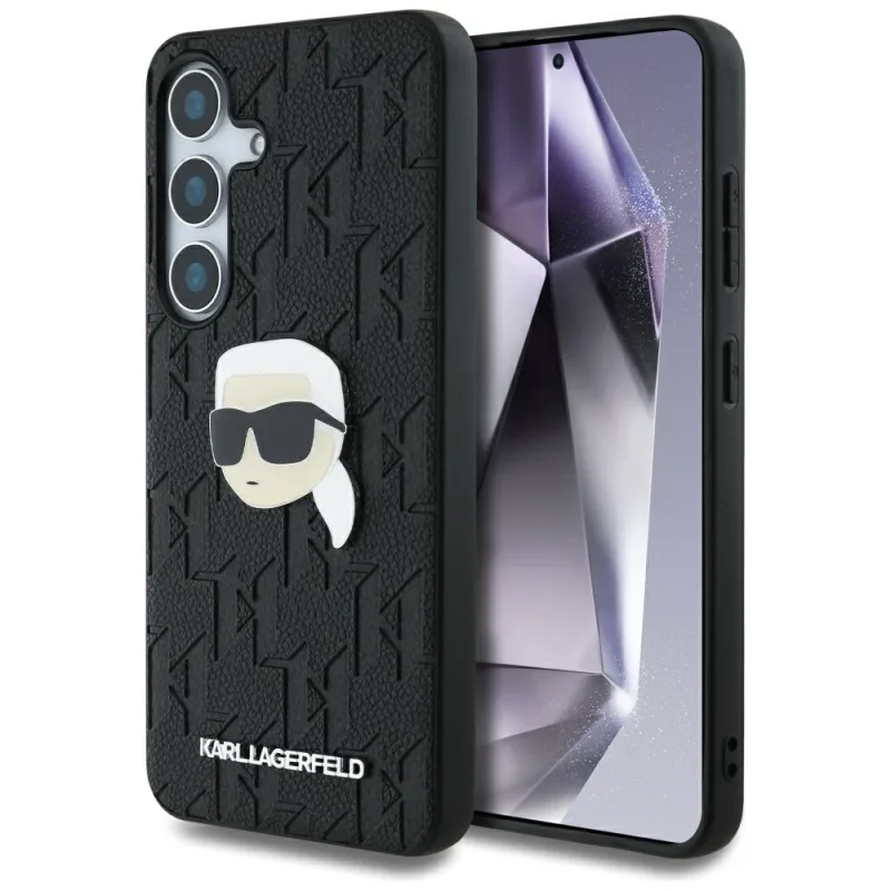 Kožené puzdro s monogramom Karl Lagerfeld s logom Karl Head na Samsung Galaxy S25 čierne