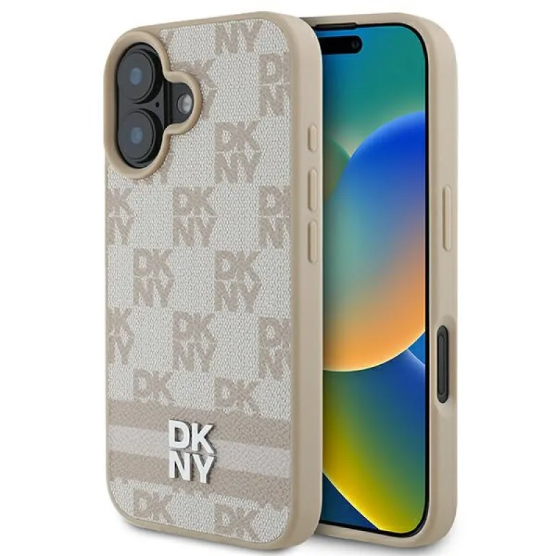 Puzdro na iPhone 16 s kockovaným vzorom a potlačou DKNY – ružové
