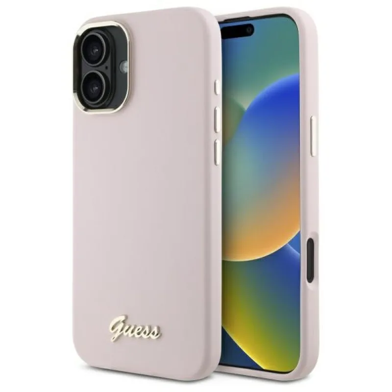 Guess Silicone Script Metal Logo & Frame Puzdro na iPhone 16 – ružové