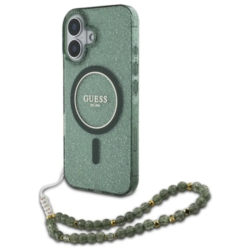 Guess IML Glitter With Pearl Strap MagSafe puzdro pre iPhone 16 Plus - zelené