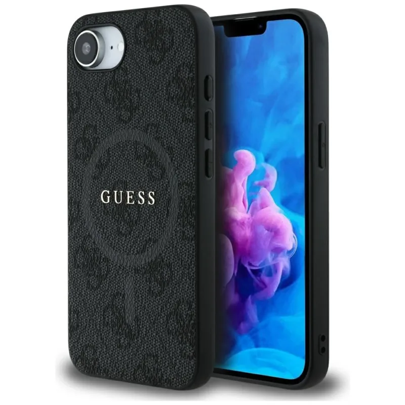 Guess PU kožené 4G farebné prstencové puzdro s MagSafe pre iPhone 16e – čierne