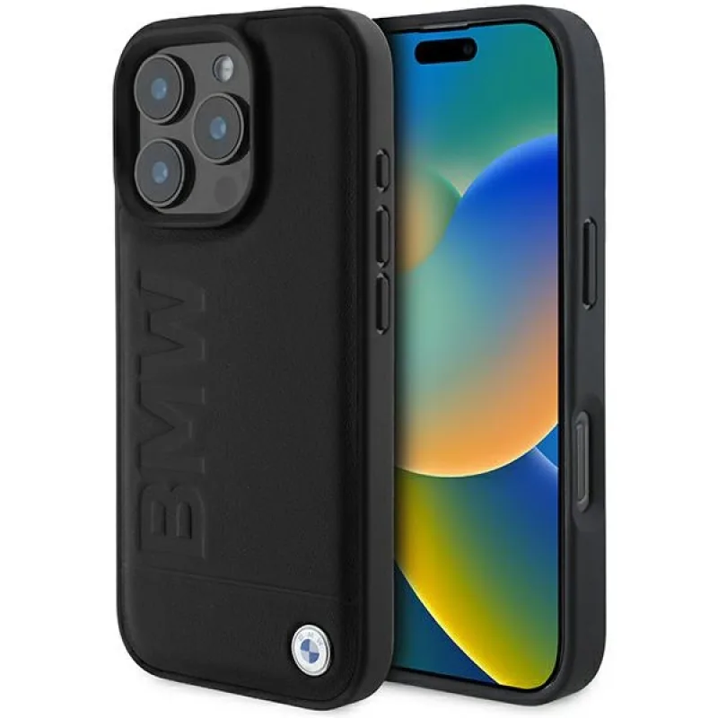 Kožené puzdro BMW Hot Stamp na iPhone 16 Pro Max – čierne