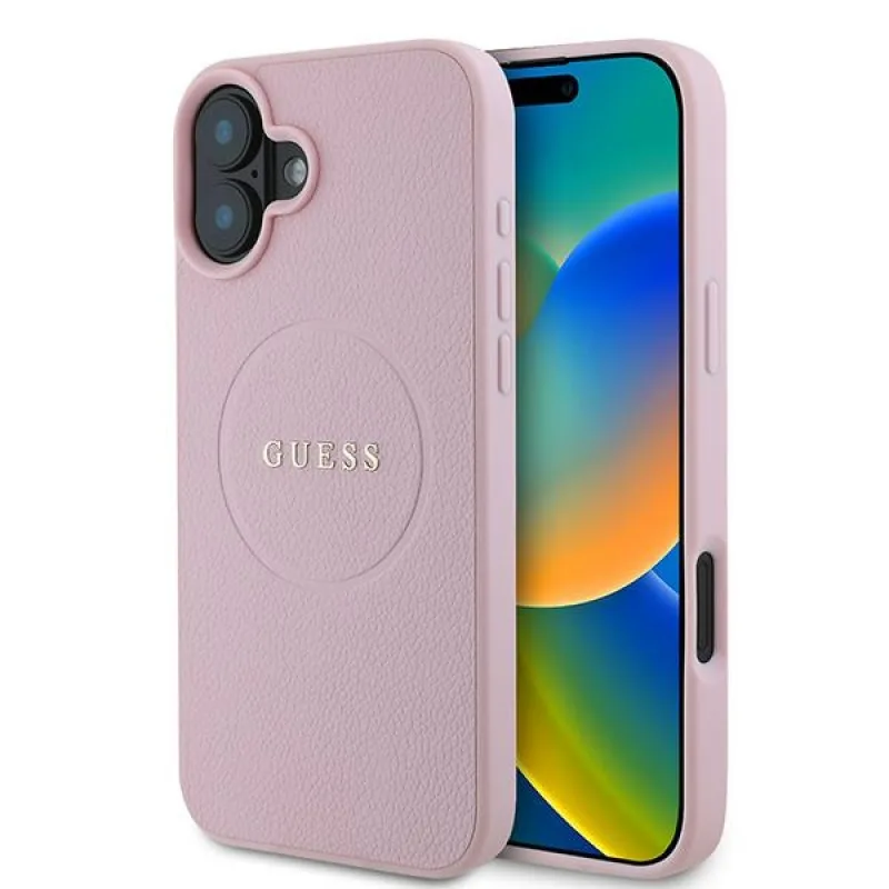 Puzdro Guess Grained Gold Ring MagSafe iPhone 16 Plus – ružové