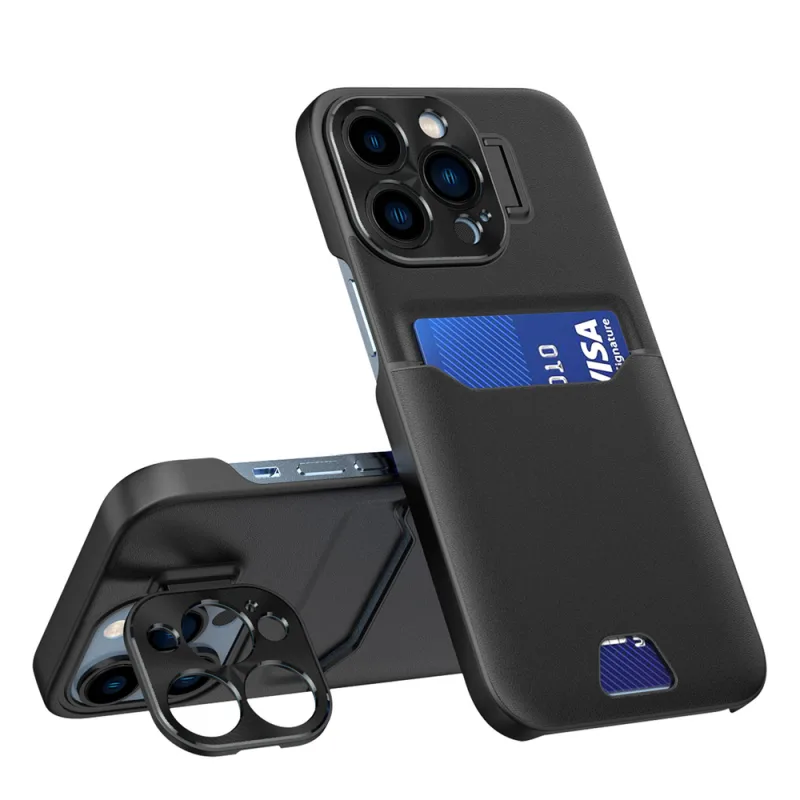 Kožené puzdro Stand Case pre iPhone 14 Pro krycie kartové peňaženky so stojanom čierne