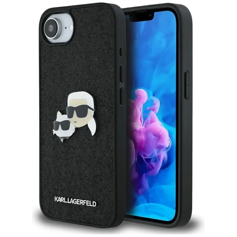 Karl Lagerfeld pevné trblietky na hlavy Karl&Choupete s kovovým kolíkom puzdro na iPhone 16e – čierne