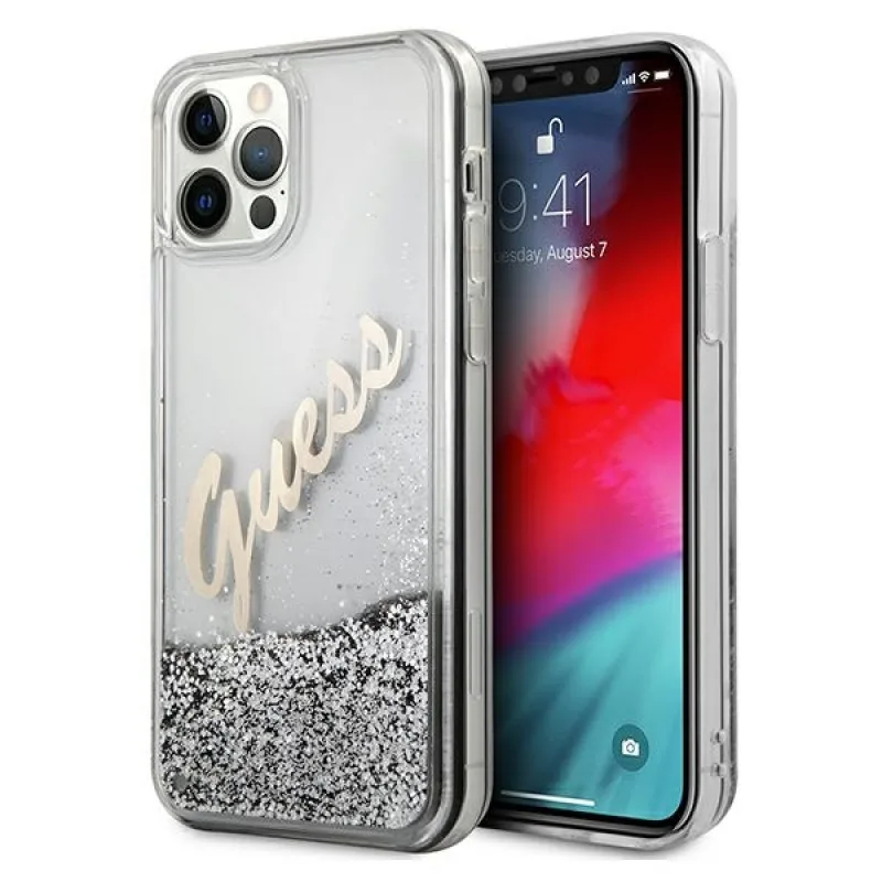 Guess GUHCP12LGLVSSI iPhone 12 Pro Max 6,7" strieborné/strieborné pevné puzdro Glitter Vintage Script