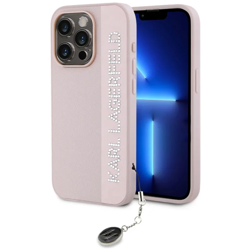 Kryt Karl Lagerfeld Saffiano Rhinestones & Charm pre iPhone 15 Pro - ružový
