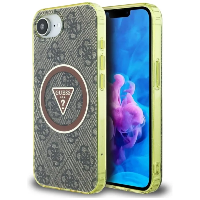 Puzdro Guess IML Metal Glitter 4G Circle Triangle MagSafe pre iPhone 16e - hnedé