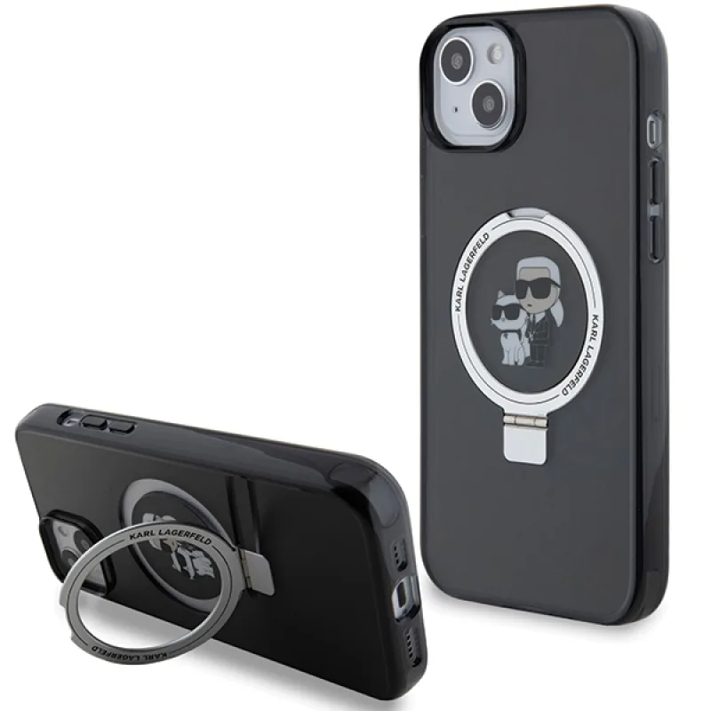 Karl Lagerfeld KLHMP15SHMRSKCK iPhone 15 6,1" čierne/čierne pevné puzdro Ring Stand Karl&Choupette MagSafe