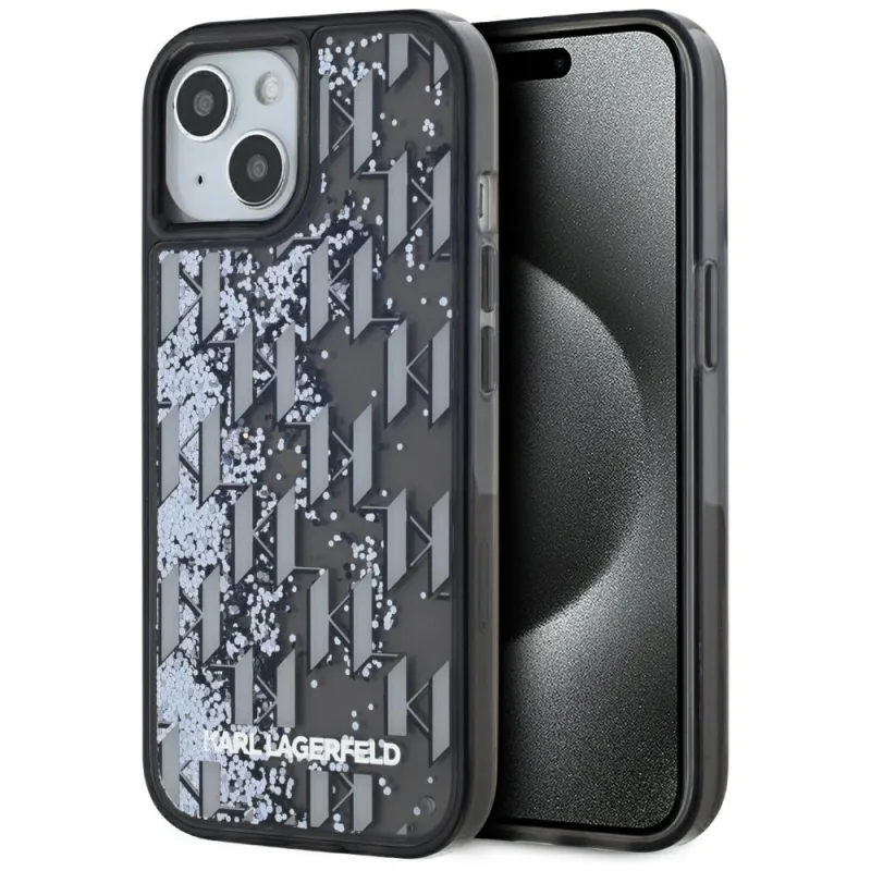 Puzdro Karl Lagerfeld Liquide Glitter Monogram Gradient na iPhone 15 – čierne