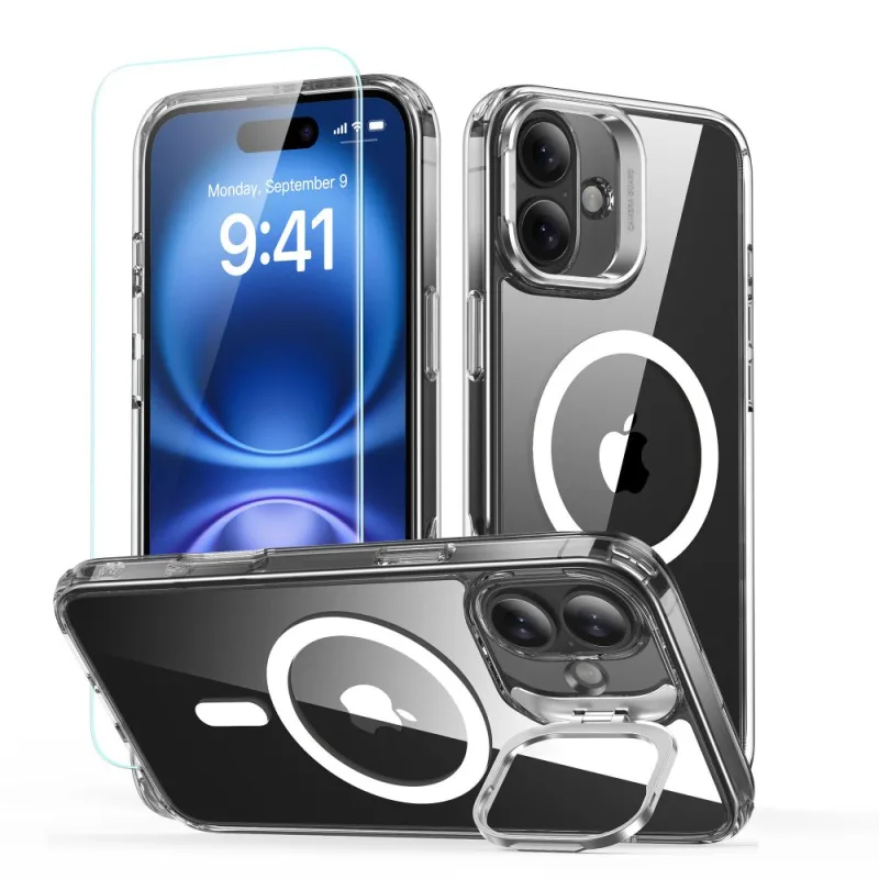 Sada puzdier ESR Classic Hybrid Kickstand Halolock MagSafe + tvrdené sklo pre iPhone 16 PLUS – číre