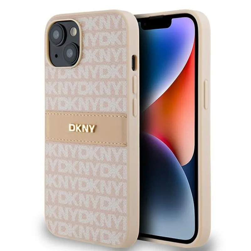 Kožené puzdro DKNY Mono Stripe & Metal Logo pre iPhone 15 / 14 / 13 - ružové