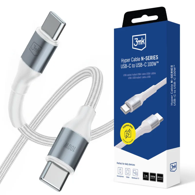 3mk Hyper kábel 3mk Hyper kábel N-SERIES USB-C / USB-C 1m 20V/5A 100W / biely
