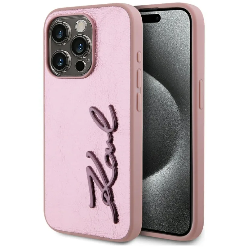 Vrásčité kovové puzdro Karl Lagerfeld na iPhone 15 Pro Max – ružové