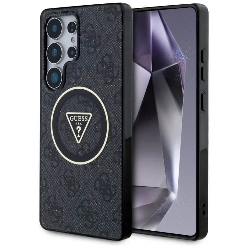 Puzdro Guess 4G Glitter Triangle Buttons MagSafe pre Samsung Galaxy S25 Ultra Black