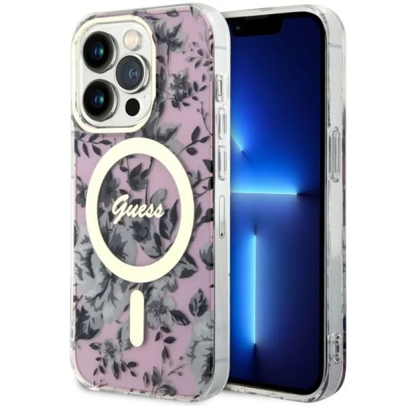 Guess GUHMP14XHCFWSP iPhone 14 Pro Max 6,7" ružovo-ružové pevné puzdro Flower MagSafe