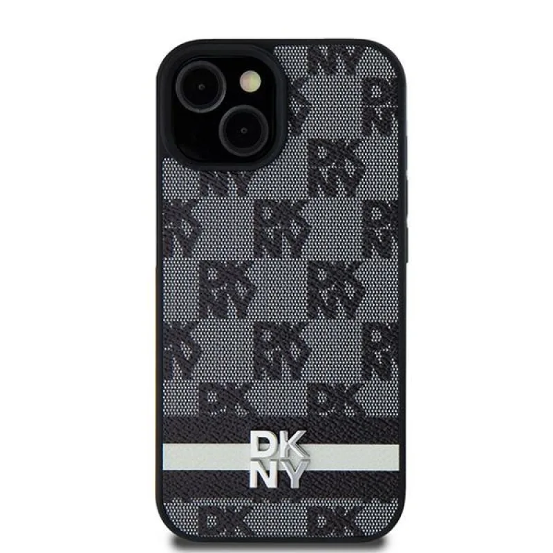Kožené púzdro DKNY s kockovaným mono vzorom a tlačenými pruhmi pre Samsung Galaxy S24 Ultra – čierne
