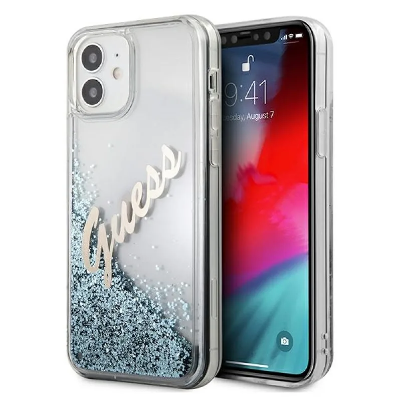 Guess GUHCP12SGLVSBL iPhone 12 mini 5,4" modro/modré pevné puzdro Glitter Vintage Script