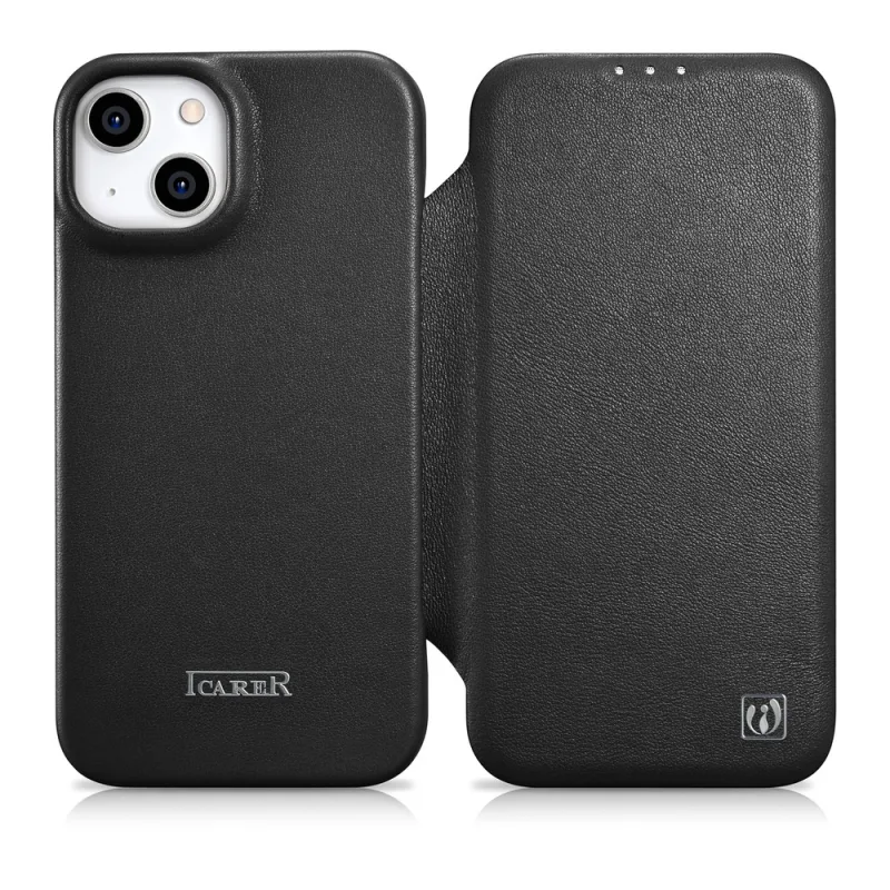 Kožené puzdro iCarer CE Premium Leather Folio Case iPhone 14 Plus magnetické flipové kožené puzdro MagSafe čierne (WMI14220715-BK)