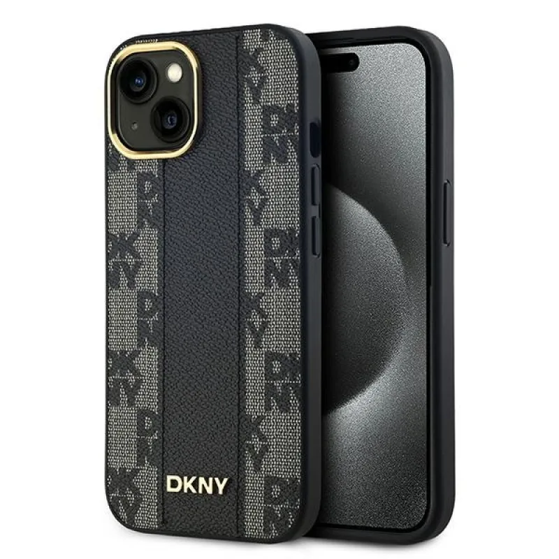 DKNY kožené kockované puzdro MagSafe s mono vzorom pre iPhone 15 Plus / 14 Plus – čierne