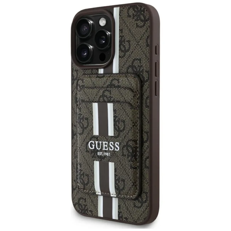 Puzdro Guess 4G Stripes s peňaženkou Magsafe pre iPhone 16 Pro Max hnedé