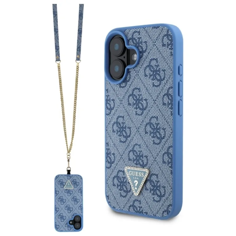 Guess Leather Metal Logo Strass Crossbody Case pre iPhone 16 – modrý