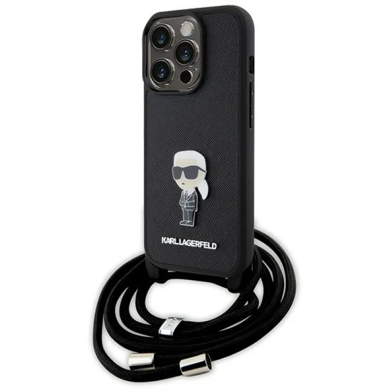 Karl Lagerfeld Crossbody Saffiano Monogram Metal Pin Karl & Choupette Case pre iPhone 15 Pro – čierny