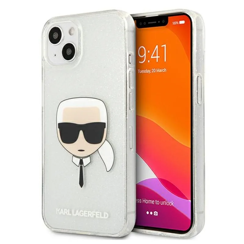 Karl Lagerfeld Glitter Karl's Head puzdro pre iPhone 13 mini - strieborné
