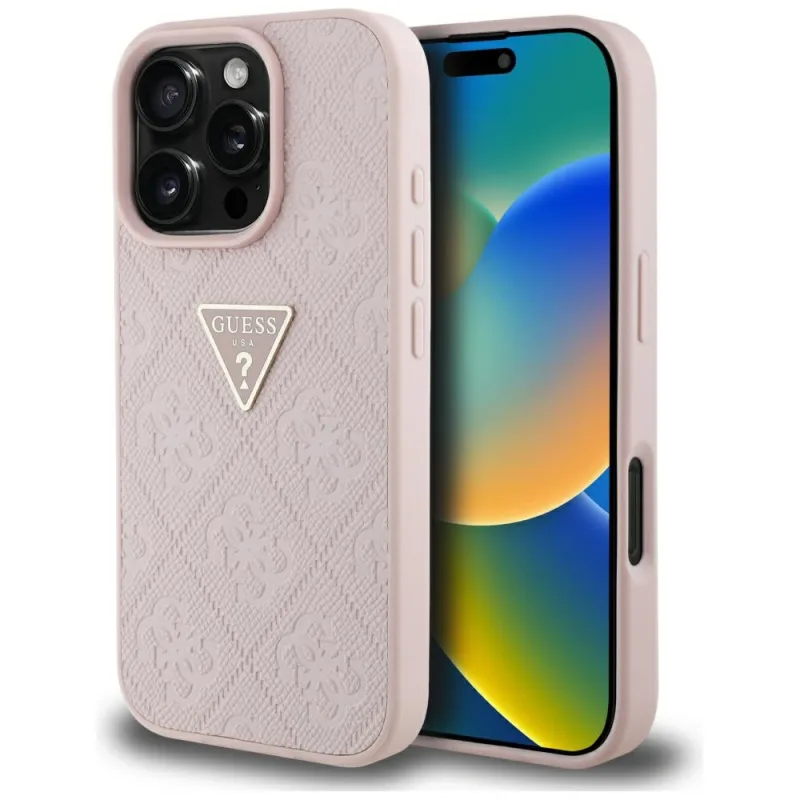 Guess Hot Stamp 4G Pattern Triangle Metal Logo Case pre iPhone 16 Pro Max – ružové