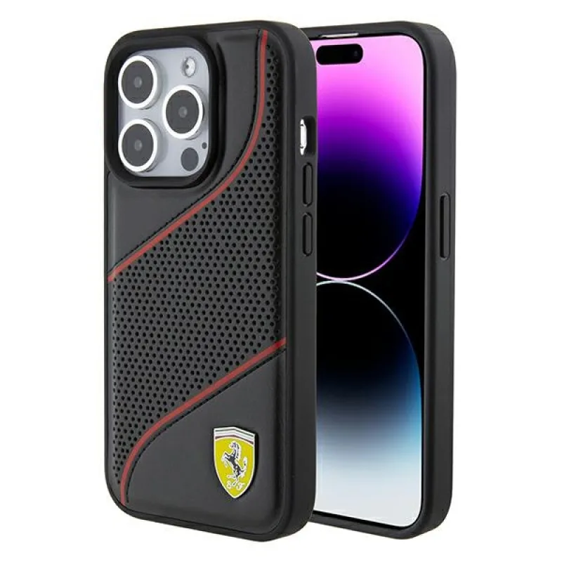 Kryt Ferrari Perforated Waves Metal Logo pre iPhone 15 Pro - čierny
