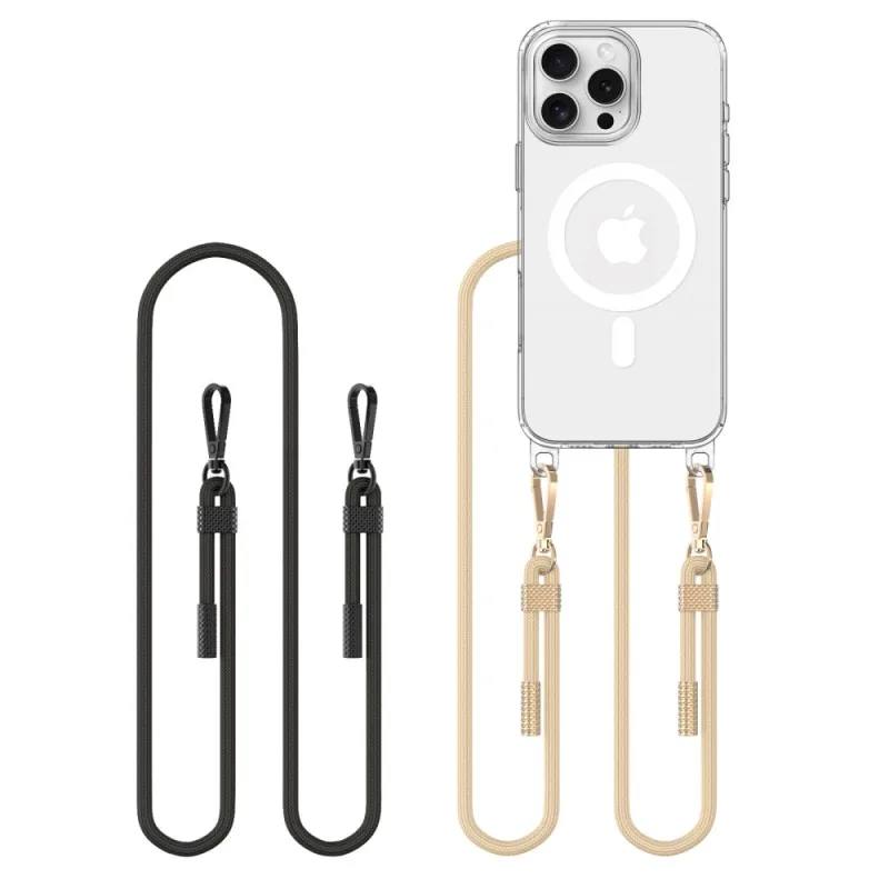 Puzdro Tech-Protect FlexAir Chain MagSafe pre iPhone 16 Pro Max – priehľadné + 2 šnúrky (čierne a svetlohnedé)