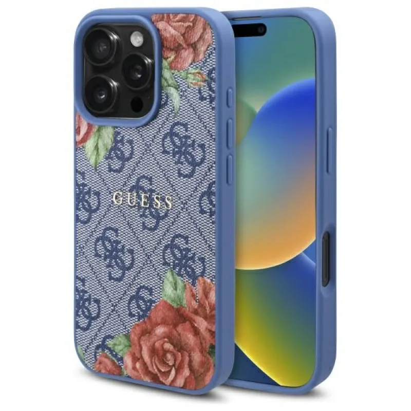 Puzdro Guess 4G Flowers Print MagSafe pre iPhone 16 Pro - modré