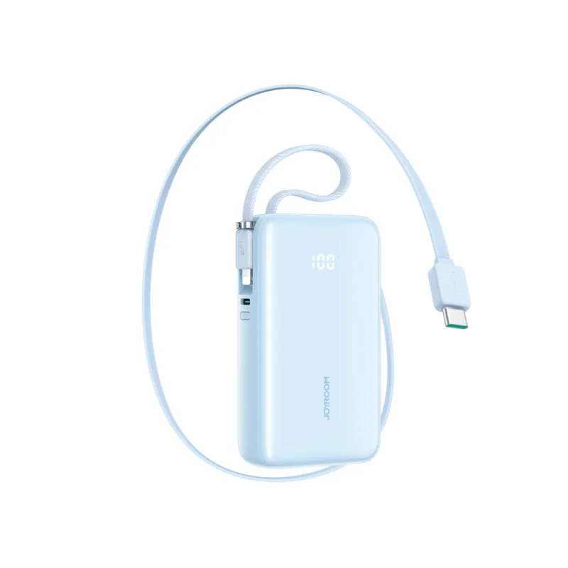 Powerbanka Joyroom JR-PR2L 10 000 mAh 35 W so vstavaným zaťahovacím káblom USB-C a káblom Lightning Lanyard – modrá