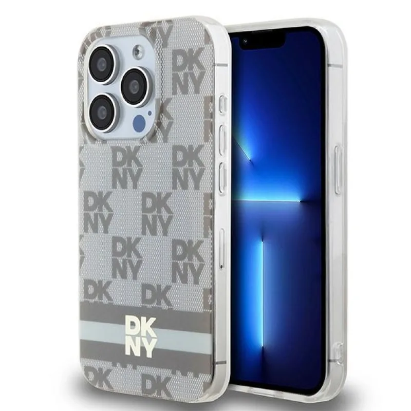 DKNY IML kockovaný mono vzor a vytlačené pruhy MagSafe puzdro pre iPhone 15 Pro Max - béžové